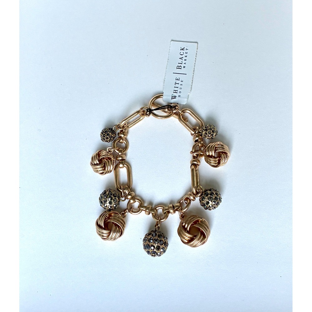 WHBM Gold Tone Charm Bracelet Black Crystal Pave Knot Charms Toggle Clasp View 2